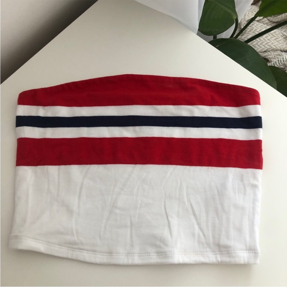 Garage Red, White and Navy Striped Tube Crop Top